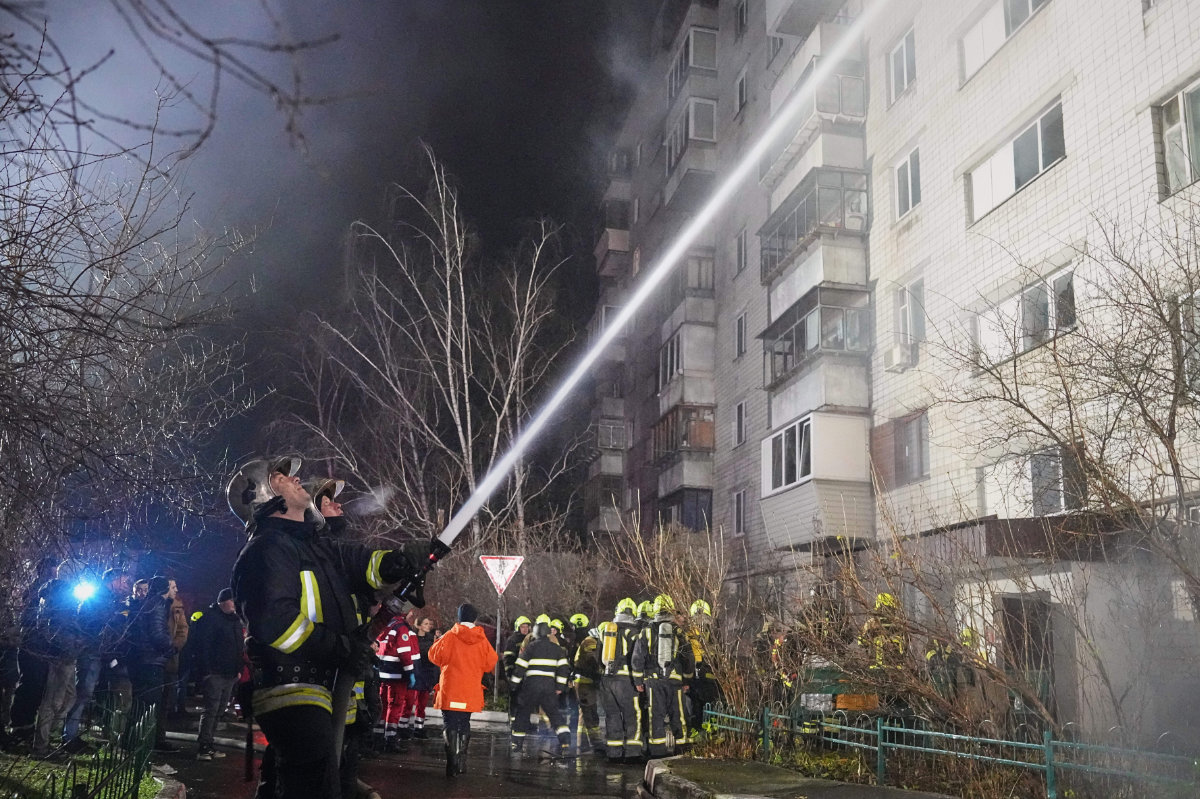 Firefighters put out a blaze after a Russian attack in Vyshgorod, outside of Kyiv, Ukraine, early Sunday, Nov. 30, 2025. (AP)