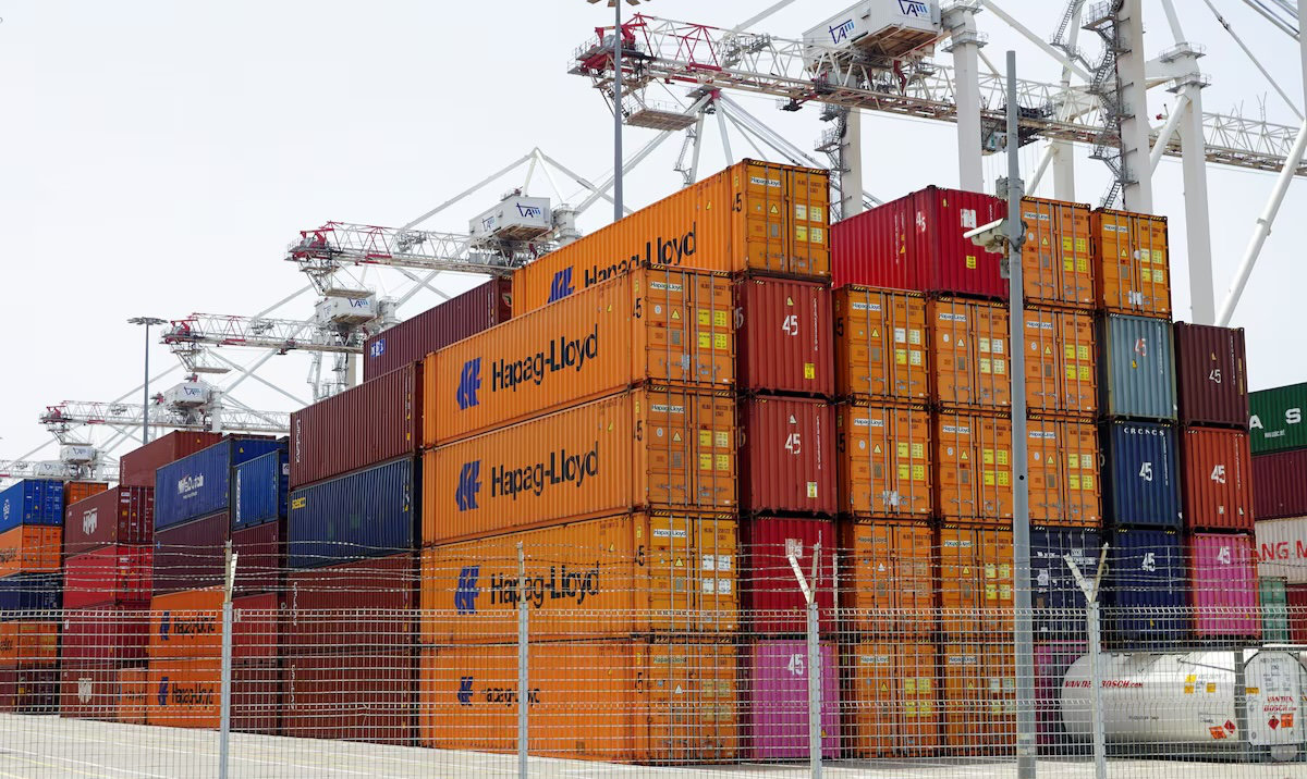 Shipping containers are stacked at Tanger Med Port, on the Strait of Gibraltar, east of Tangier, Morocco. (Reuters)