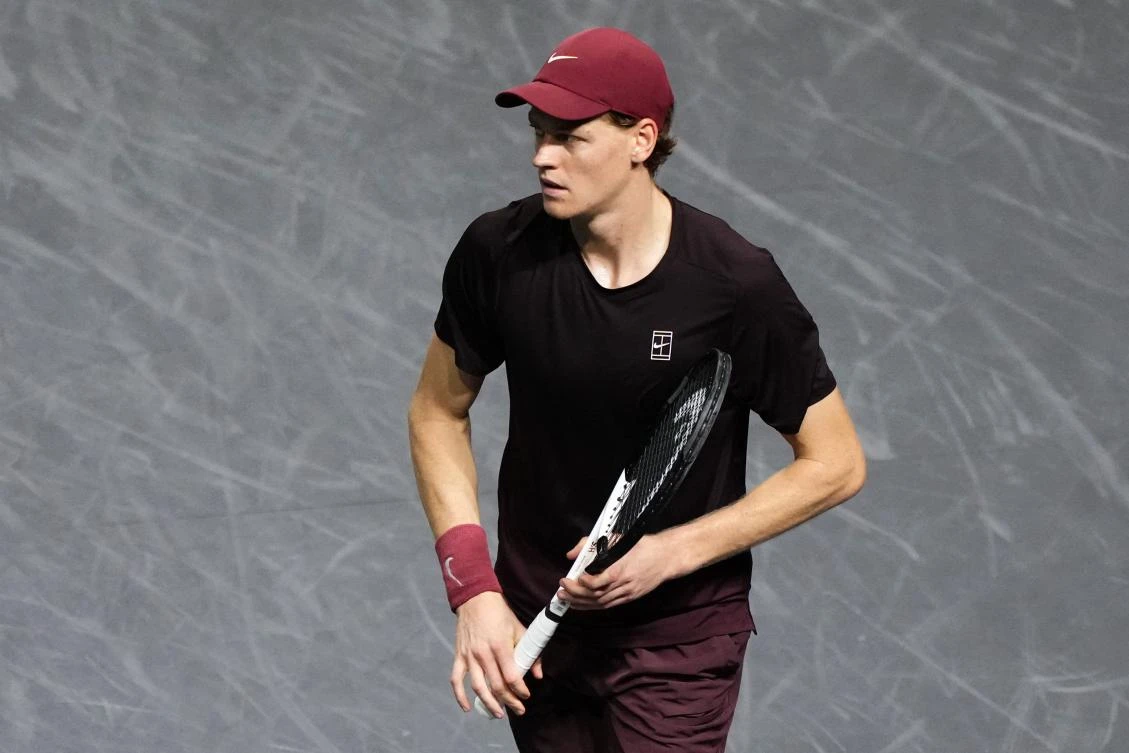 Italy’s Jannik Sinner reacts after winning his men’s singles semifinal match against Germany’s Alexander Zverev on day six of the Paris ATP Masters 1000 tennis tournament at the Paris La Défense Arena in Nanterre, Paris, on Nov. 1, 2025. (AFP)
