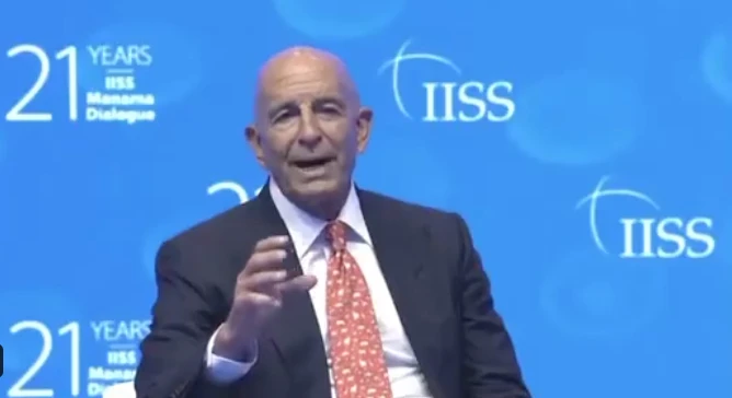 Speaking at the Manama Dialogue summit in Bahrain during a panel on “US Policy in the Levant,” Thomas Barrack hailed developments in Syria following the downfall of Bashar Assad in December but called Lebanon a failed state. (Screenshot/X/@USAMBTurkiye)