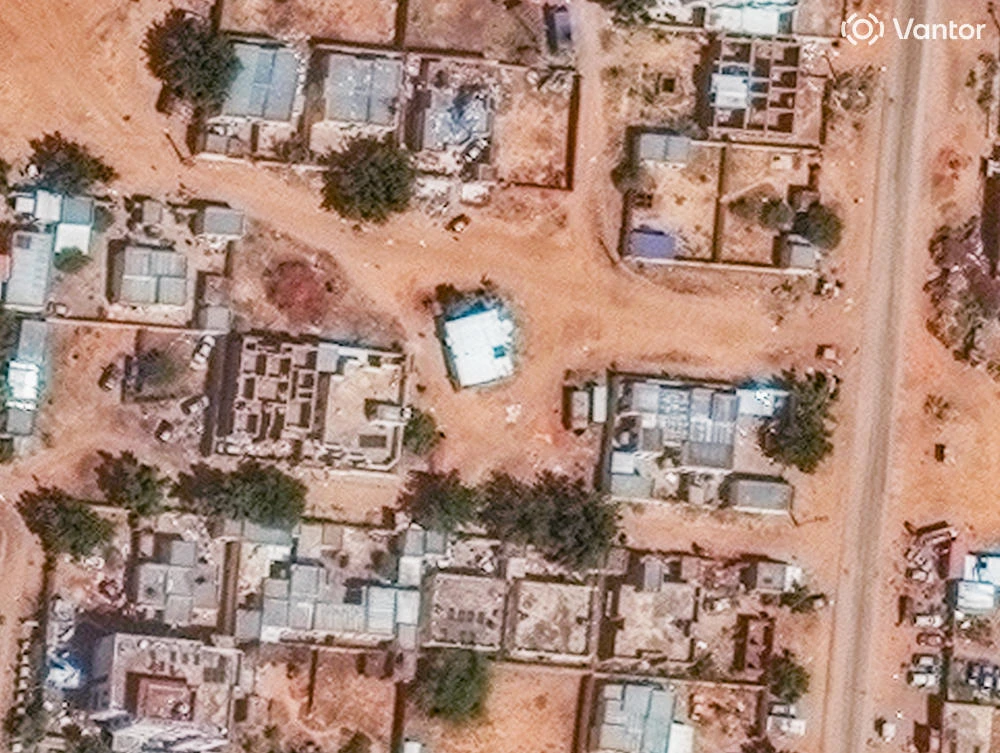 This satellite image from Vantor shows what experts suspect is a mass grave being dug near a mosque north of Saudi hospital in El-Fasher on Nov. 1 (Vantor via AP)
