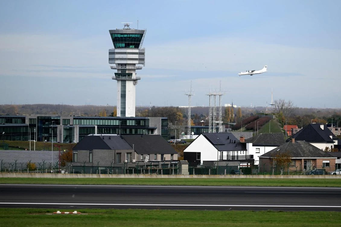 An aircraft prepares for landing at Brussels Airport in Zaventem on November 5, 2025. Flights were suspended in the evening of Nov. 4, 2025 at the main airport in Belgium’s capital Brussels after suspected drone sightings, a spokesman said. (AFP)