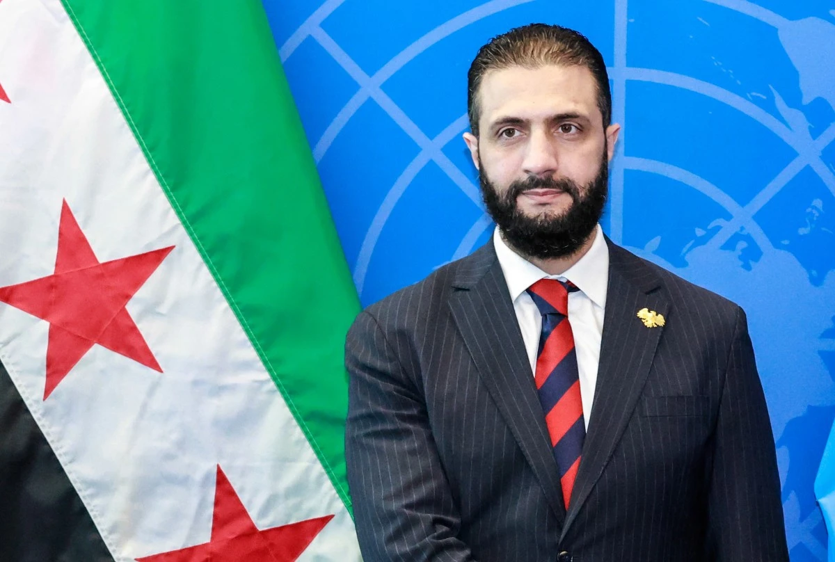 Syrian President Ahmed Al-Sharaa visits with UN Secretary-General Antonio Guterres (off frame) during the General Assembly at UN headquarters in New York City, Sept. 24, 2025. (AFP)