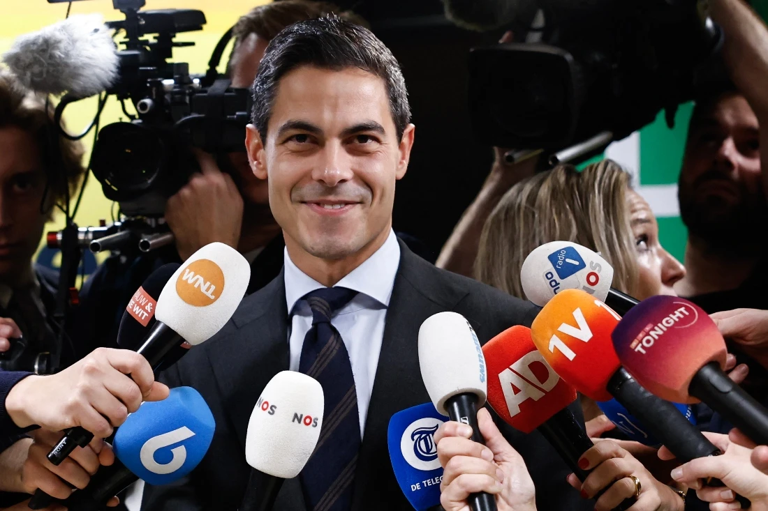 Leader of D66, Rob Jetten reacts as he delivers remarks to journalists at the D66 (Democrats 66) faction room at the Lower House, the day after the Dutch parliamentary election vote, in The Hague. (AFP)