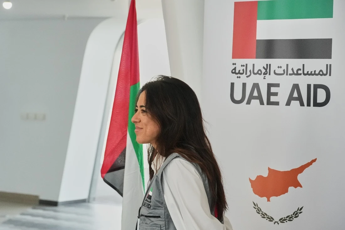 Minister of State of the United Arab Emirates, Lana Nusseibeh smiles before a press conference at the port in city of Limassol, Cyprus. (AP)