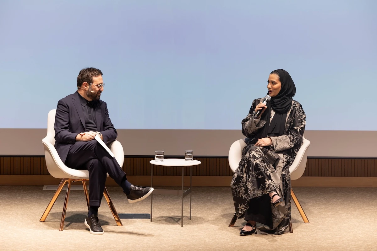 Vincenzo de Bellis (L) and Sheikha Reem Al-Thani (R) at the press briefing in Doha. (Supplied)