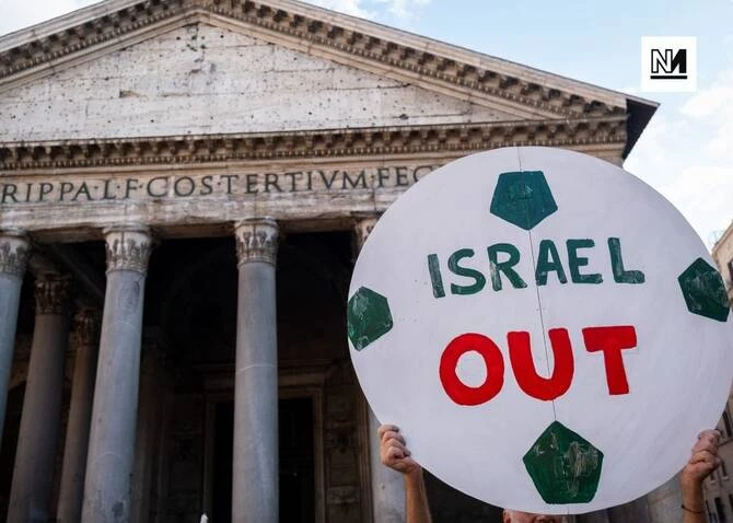Members of Irish soccer's governing body approved a resolution on Saturday instructing its board to submit a formal motion to UEFA requesting the immediate suspension of Israel from European competitions, a source at the meeting told Reuters. (X/@novaramedia)