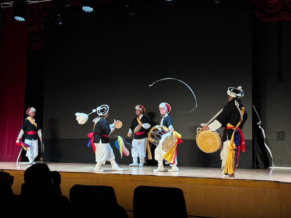 Members of the Pangut troupe perform a traditional Korean percussion routine during the 18th Korea-Arab Friendship Caravan at Prince Sultan University in Riyadh. (AN Photo/Waad Hussain)