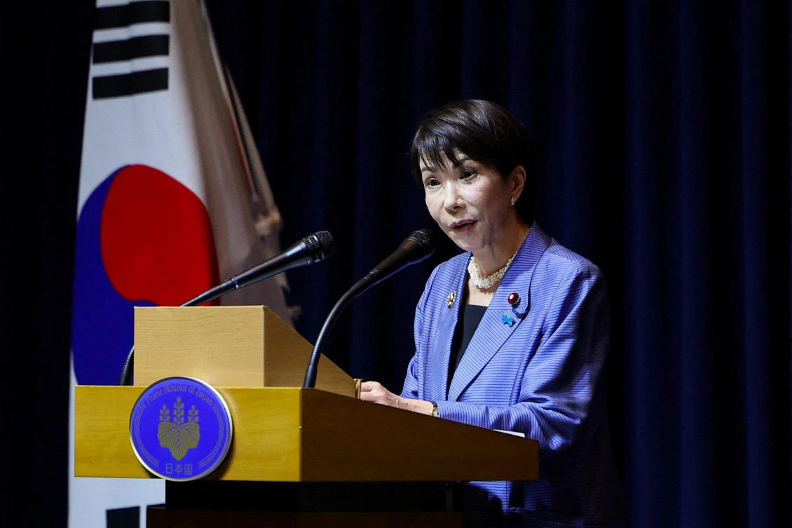 FILE PHOTO: Japanese Prime Minister Sanae Takaichi speaks during a press conference after the Asia-Pacific Economic Cooperation (APEC) summit in Gyeongju, South Korea, November 1, 2025. REUTERS/Kim Hong-ji/File Photo