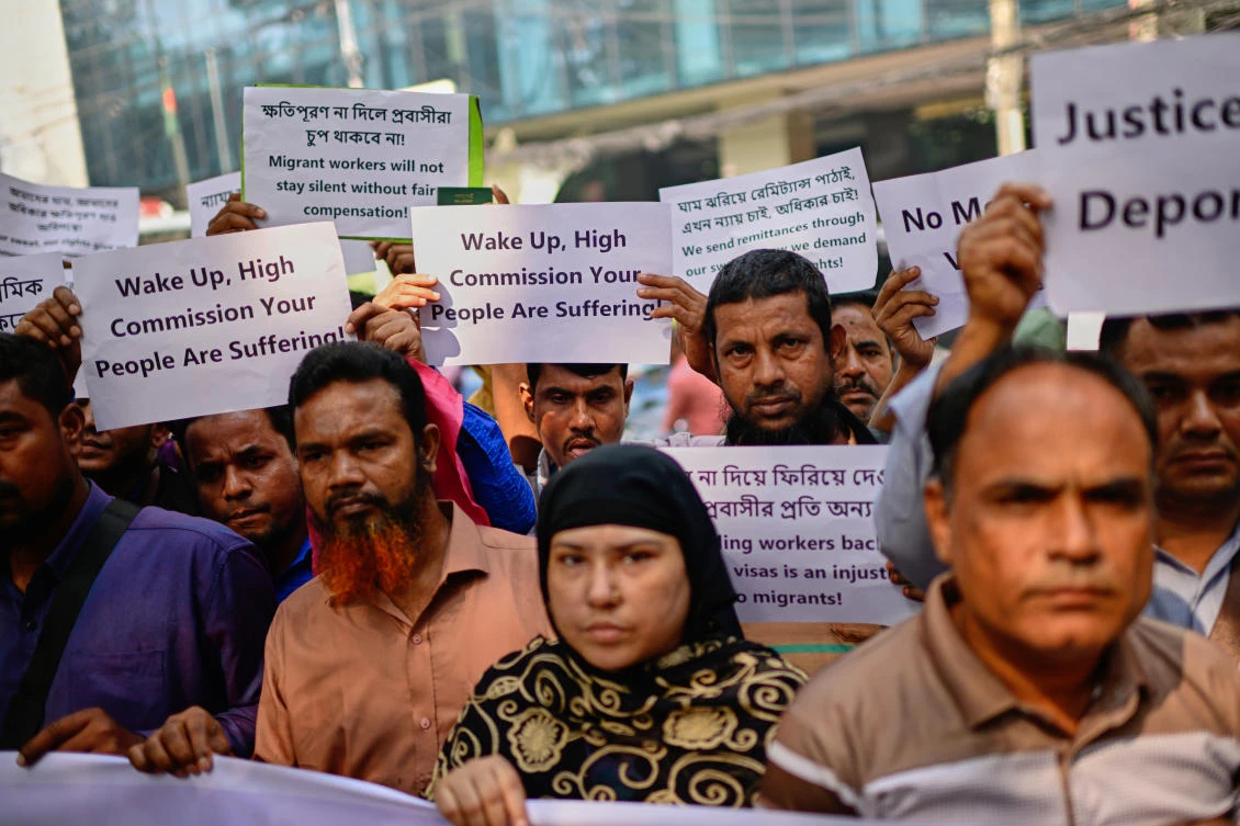 Bangladeshi workers who were employed by Malaysian companies protested in front of the Ministry of Expatriates’ Welfare and Overseas Employment demanding unpaid wages, fair compensation and an end to alleged abuse by Malaysian employers, in Dhaka. (AP)
