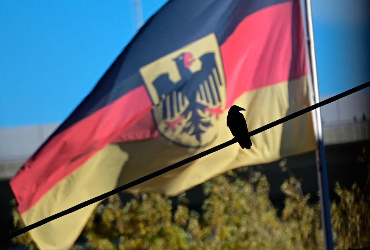 A crow sits in front of a German flag with the emblem of the eagle in its middle, seen from inside the Chancellery in Berlin, Nov. 6, 2025. (AFP)