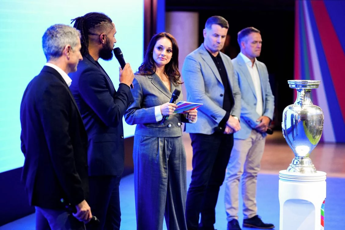 Former players Scotland’s John Collins, Wales international Ashley Williams, Ireland’s Shay Given and England’s Michael Owen take part in the launch event for the UEFA EURO 2028 football tournament, at Below The Lights in central London on Nov. 12, 2025. (AFP)