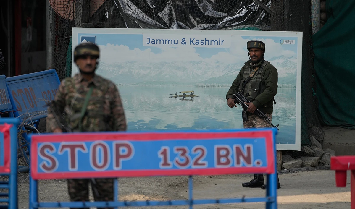 Indian soldiers stand guard in Srinagar, Indian controlled Kashmir, on Nov. 12, 2025. (AP)