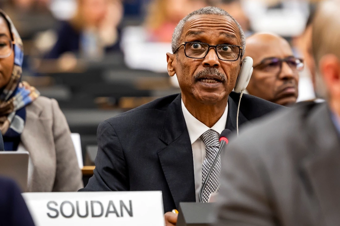 Hassan Hamid Hassan, Ambassador of the permanent Representative of Sudan to the United Nations Office at Geneva, delivers his statement during the Human Rights Council Special Session on the Human Rights Situation in and around El Fasher, Sudan, at the European headquarters of the United Nations in Geneva, Switzerland. (AP)