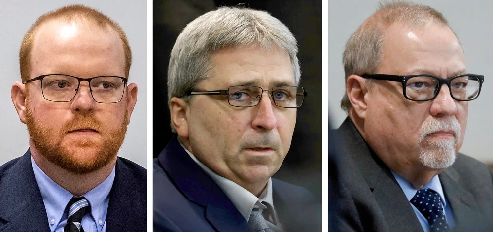 Travis McMichael, left, William "Roddie" Bryan, and Gregory McMichael, right, during their trial at the Glynn County Courthouse in Brunswick, Ga. (AP/File)