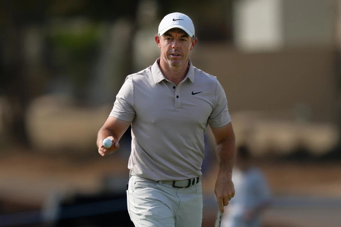 Rory McIlroy of Northern Ireland reacts after a birdie on the 9th hole during the third round of World Tour Golf Championship at Jumeirah Golf Estates, in Dubai, Nov. 15, 2025. (AP)