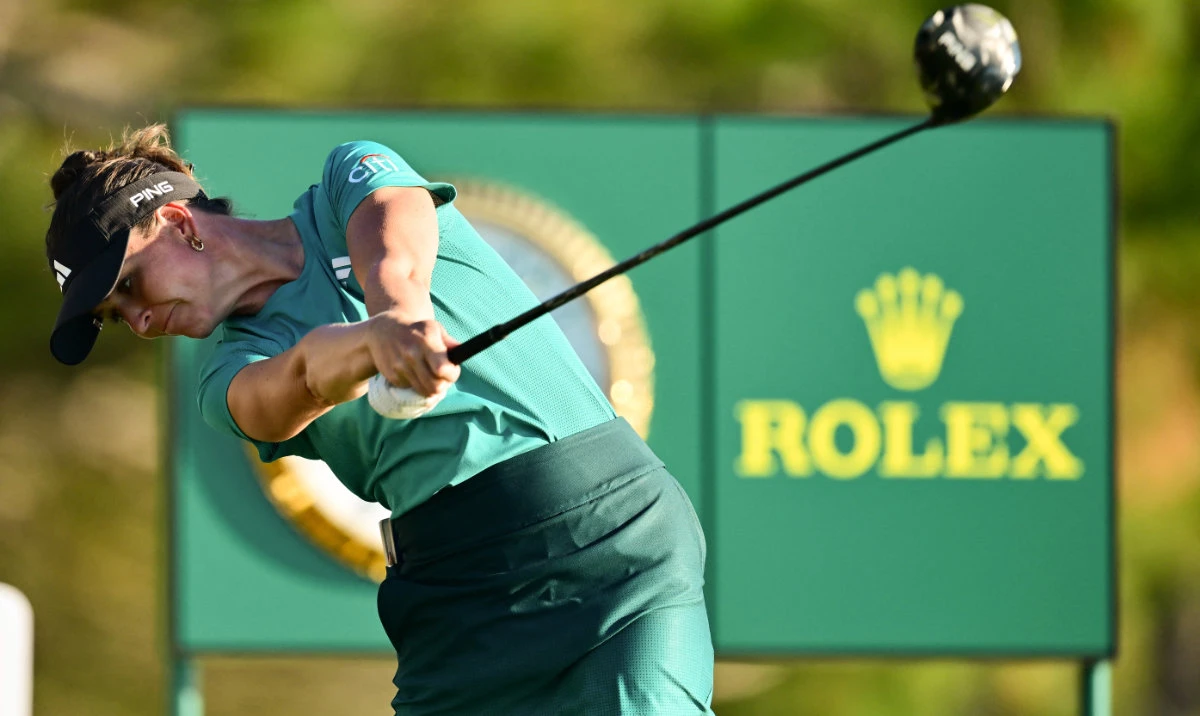 Linn Grant of Sweden plays a shot from the 18th tee during the third round of The ANNIKA driven by Gainbridge at Pelican 2025 on Saturday in Belleair, Florida. (AFP)