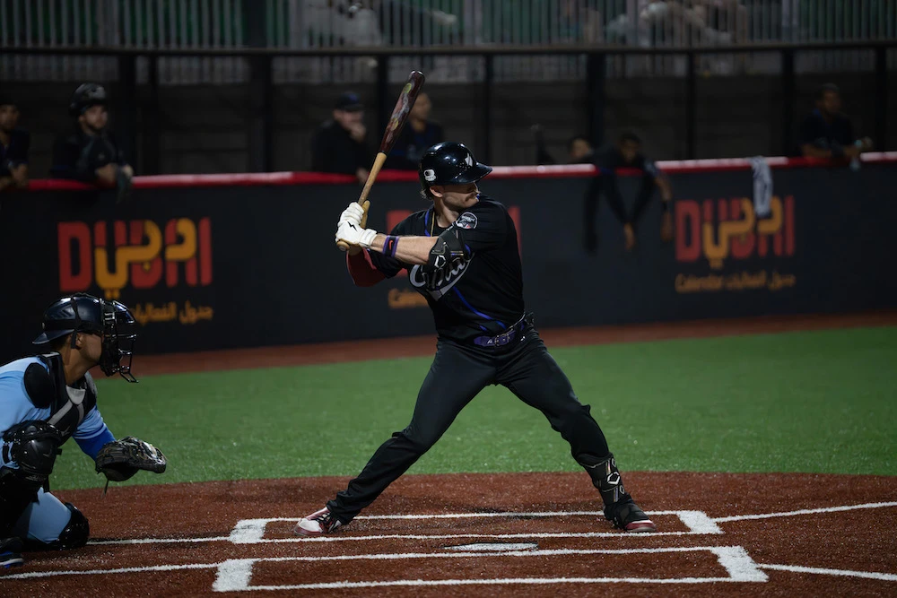 Miguel Ojeda of the Mumbai Cobras during the Baseball United game against Karachi Monarchs. (Supplied)