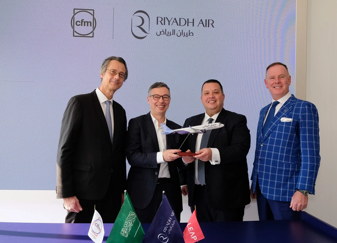 A signing ceremony took place at the Dubai Airshow between Adam Boukadida, chief financial officer of Riyadh Air and Stephane Cueille, CEO of Safran Aircraft Engines, and was witnessed by Tony Douglas, CEO of Riyadh Air, and Olivier Andries, CEO of Safran. Supplied