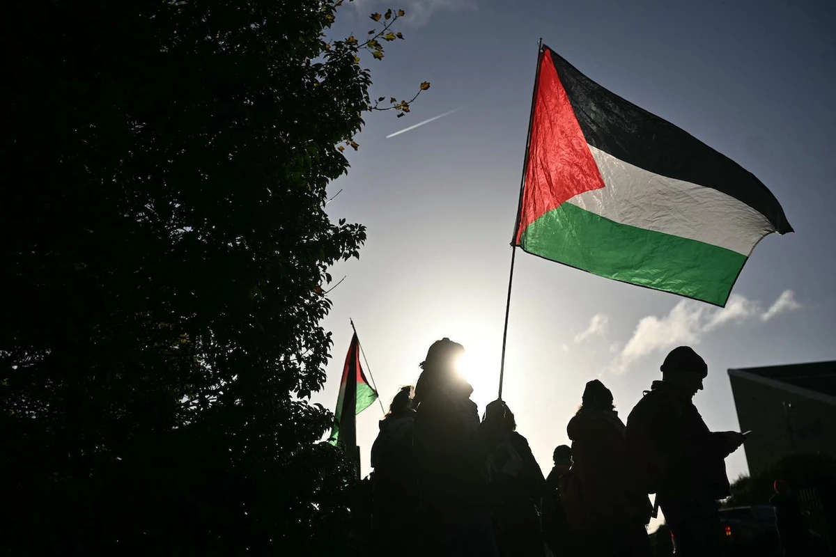 Supporters of Palestine Action activists hold placards and wave Palestinian flags outside Woolwich Crown Court in south east London on November 17, 2025. (AFP)