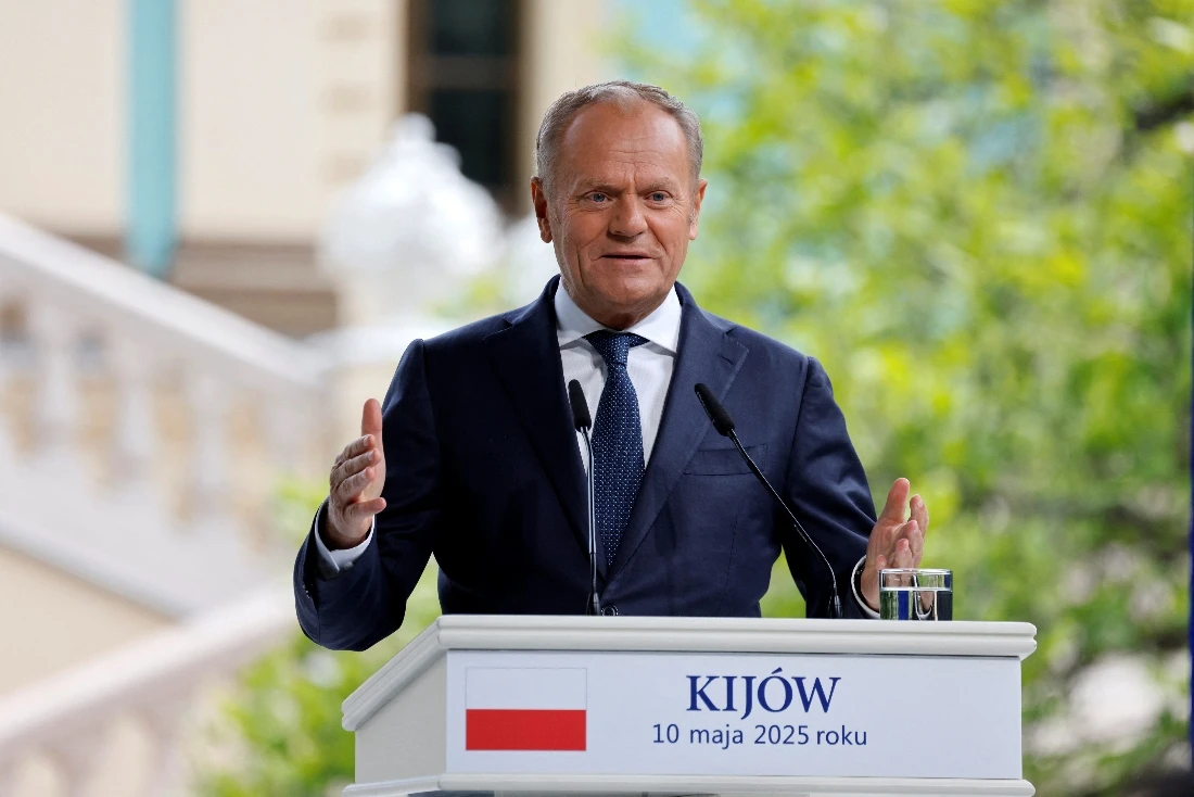 Polish Prime Minister Donald Tusk speaks during a press conference in the grounds of the Mariynsky Palace in Kyiv, Ukraine. (AFP)