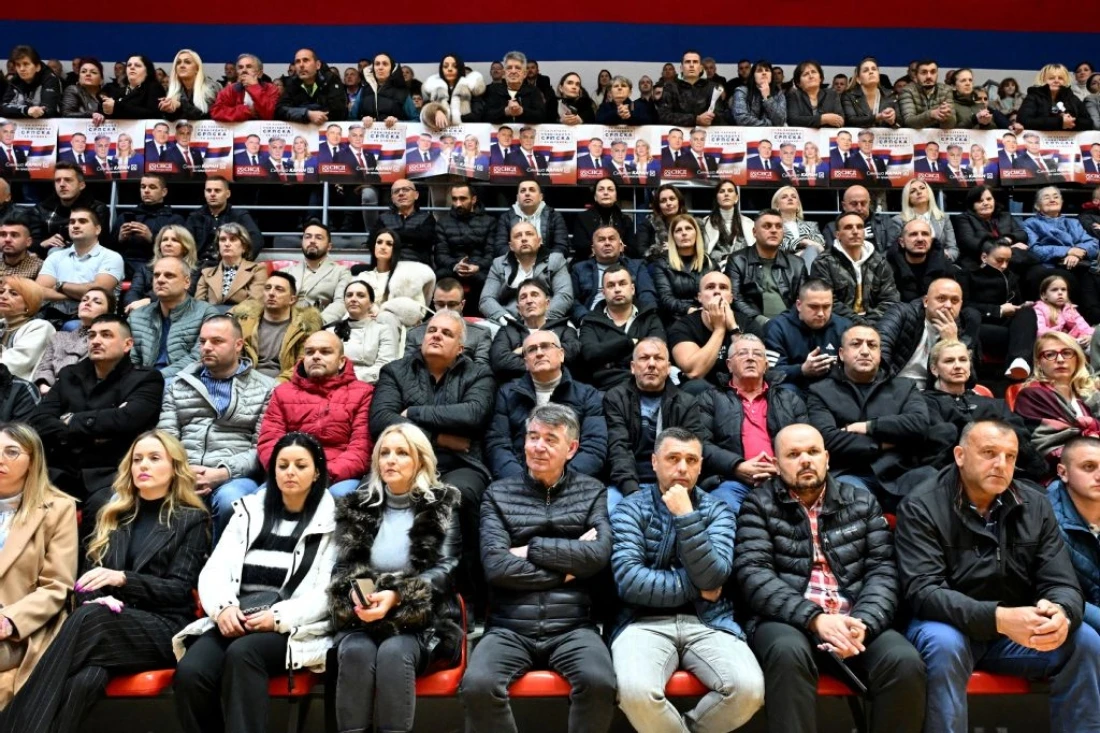A photo in the town of Foca in eastern Bosnia and Herzegovina shows supporters of the SNSD party (Alliance of Independent Social Democrats) attending a pre-election rally. (AFP)