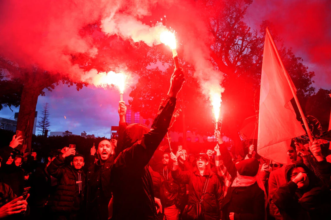 People take part in a protest against Tunisian president Kais Saied’s rule and demanding the release of political prisoners in Tunis, Nov. 22, 2025. (AP)