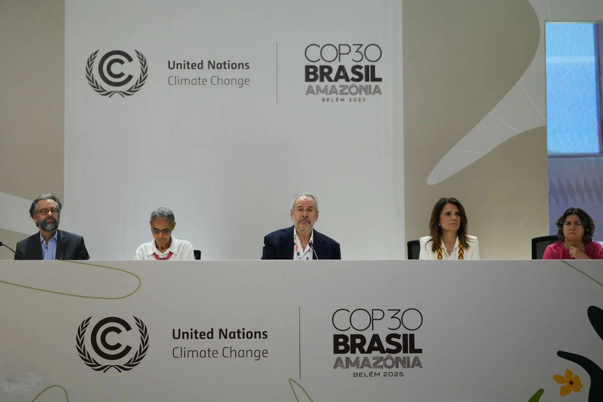 Brazil environment minister Marina Silva (second from left), COP30 President Andrea Correa do Lago (center) and COP30 CEO Ana Toni (second from right), attend a news conference at the COP30 UN Climate Summit on Nov. 22, 2025, in Belem, Brazil. (AP Photo)