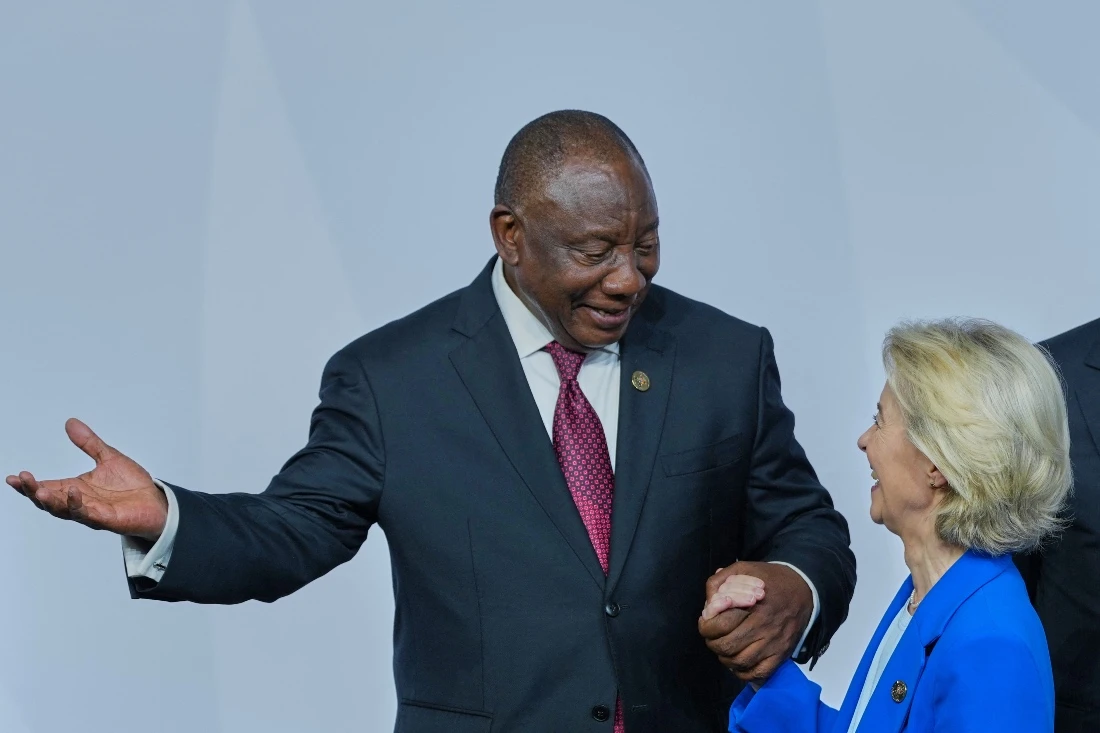 South African President Cyril Ramaphosa speaks with EU Commission President Ursula Von der Leyen at the G20 Summit in Johannesburg, South Africa. (AFP)