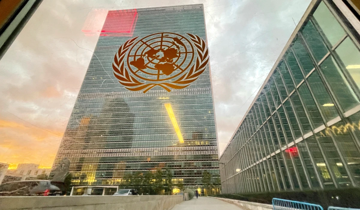 The United Nations headquarters building is seen from inside the General Assembly hall, on Sept. 21, 2021. (AP)