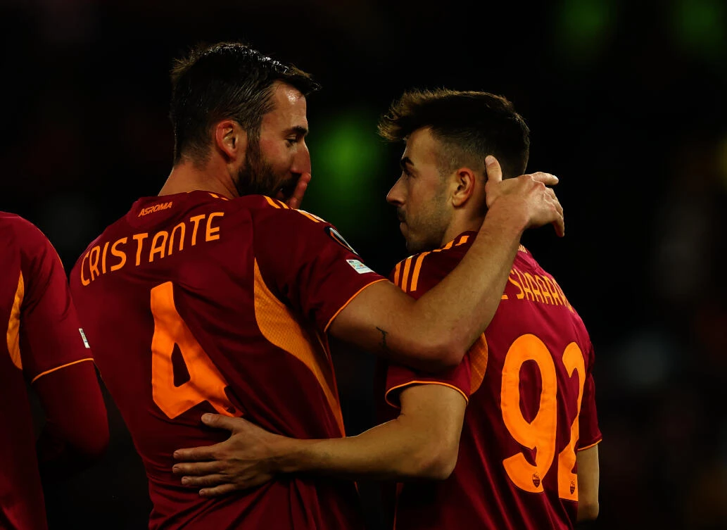 AS Roma’s Stephan El Shaarawy celebrates scoring their second goal with Bryan Cristante during their Europa League match against FC Midtjylland — Stadio Olimpico, Rome, Nov. 27, 2025. (Reuters)