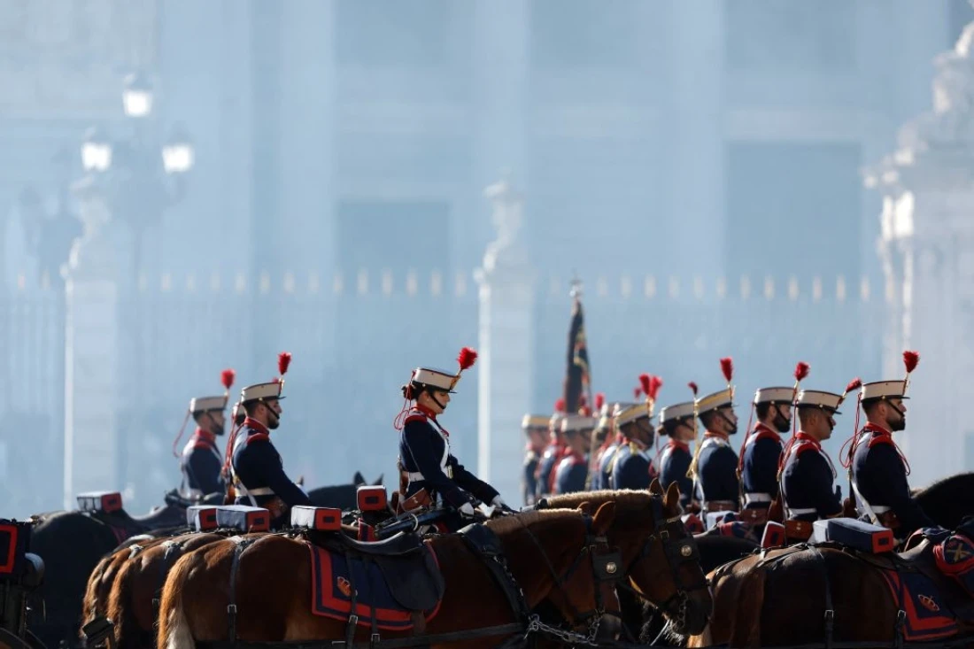Royal guards of cavalry parade during Germany's President welcome ceremony with military honors on the first day of a State visit to Spain. (AFP)