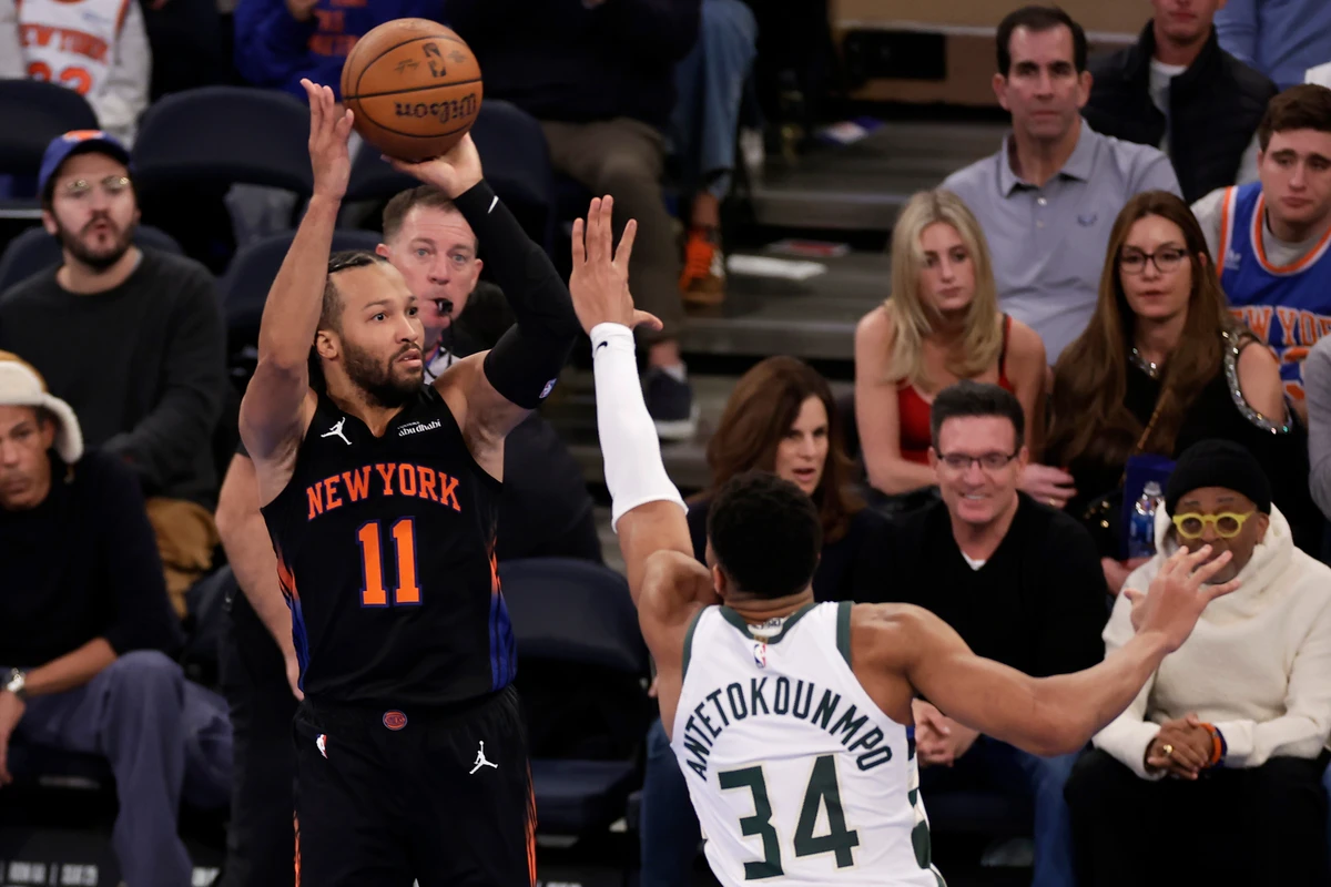 New York Knicks guard Jalen Brunson (11) shoots over Milwaukee Bucks forward Giannis Antetokounmpo during the second half of an NBA Cup basketball game Friday in New York. (AP)