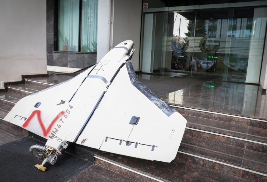 A Russian-made Gerbera drone recovered by the Moldovan police is exposed on the stairs at the entrance of the Ministry of Foreign Affairs (MAEIE) of Moldova in Chisinau. (AFP)