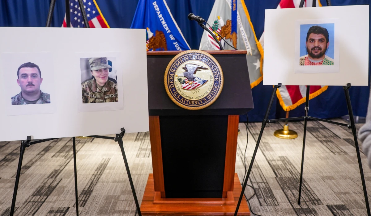 Pictures of National Guard members Andrew Wolfe and Sarah Beckstrom, who were shot on November 26 in Washington, are displayed next to a picture of the suspect of the shooting, Afghan national Rahmanullah Lakanwal, on the day of a press conference with FBI Director Kash Patel, U.S. Attorney for D.C. Jeanine Pirro and other authorities, in Washington, D.C., U.S., November 27, 2025. (REUTERS)
