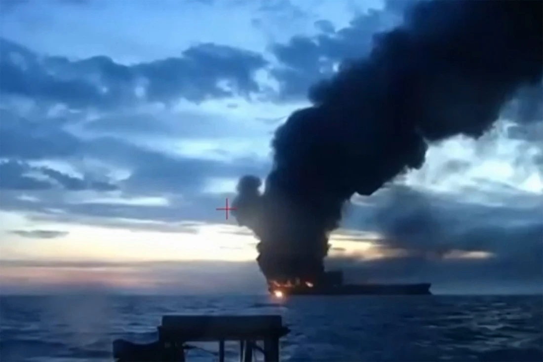 This video grab taken from images released by the Security service of Ukraine shows smoke rising from a cargo ship on fire in the Black Sea off the Turkish coast, amid the ongoing Russian-Ukrainian conflict. (AFP)