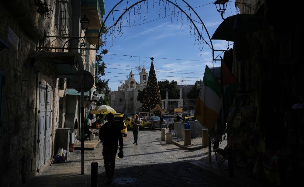 A Christmas tree stands in Manger Square, in the West Bank city of Bethlehem, Wednesday, Dec. 3, 2025. (AP Photo)