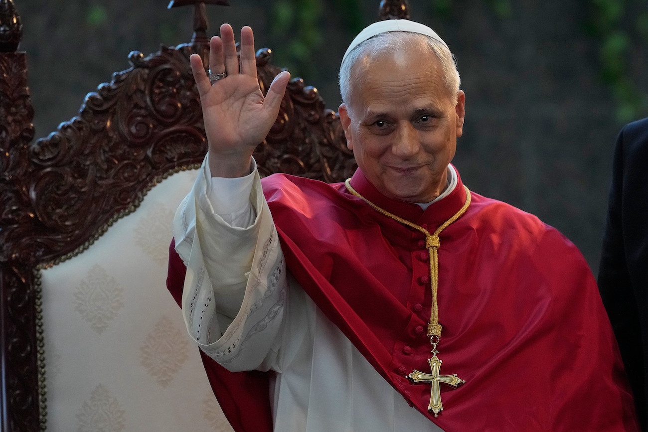 Pope Leo XIV waves to the crowd during a gathering with bishops, priests, consecrated persons, and pastoral workers at the Our Lady of Lebanon basilica in Harissa, Lebanon, Monday, Dec. 1, 2025. (AP)