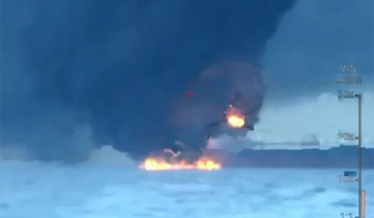 This video grab taken from images released by the Security service of Ukraine (SBU) on November 29, 2025, shows smoke rising from a cargo ship on fire in the Black Sea off the Turkish coast, amid the ongoing Russian-Ukrainian conflict. (AFP)