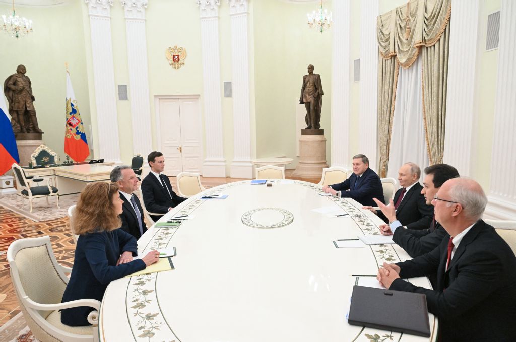 In this pool photograph distributed by the Russian state agency Sputnik, Russia's President Vladimir Putin, accompanied by Kremlin economic envoy Kirill Dmitriev and Kremlin aide Yuri Ushakov, meets with US special envoy Steve Witkoff and US President Donald Trump's son-in-law Jared Kushner at the Kremlin in Moscow on December 2, 2025. (AFP)