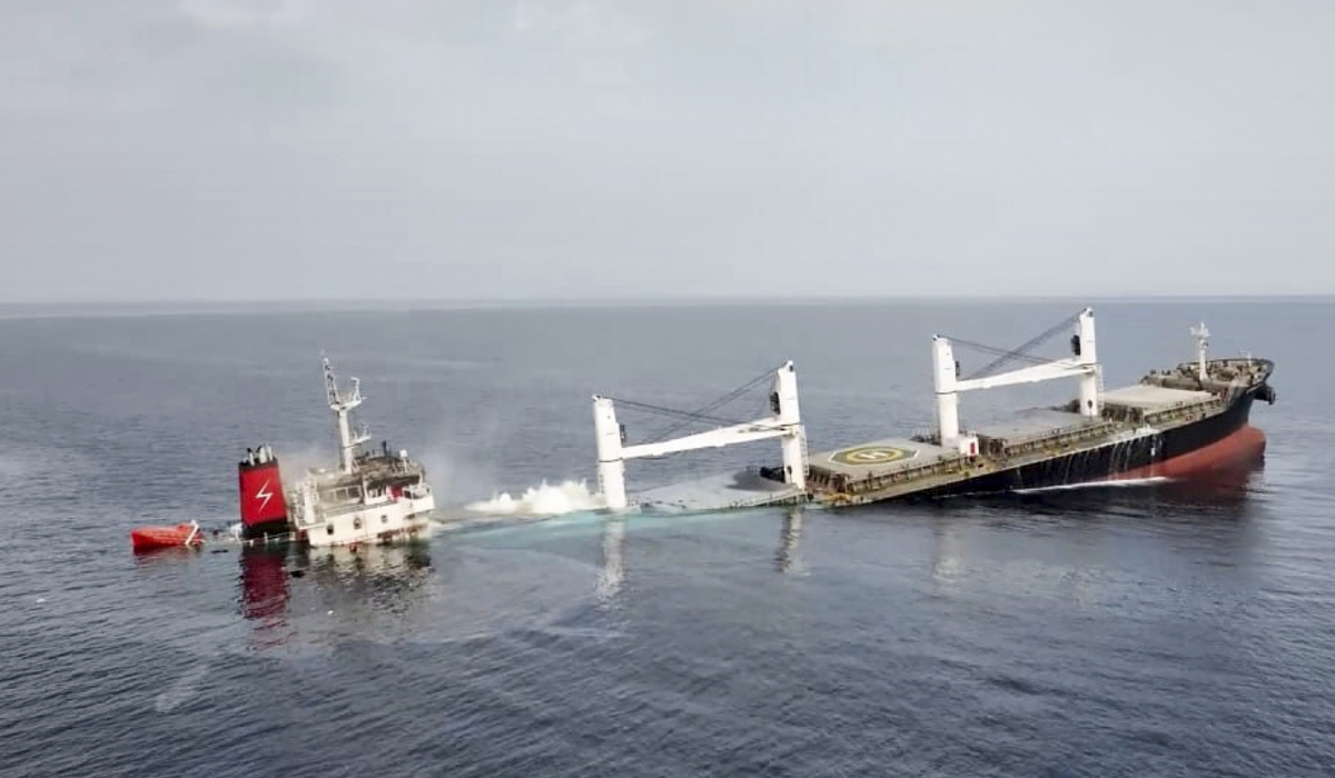 This image released by Ansar Allah Media Office in Yemen shows the Liberian-flagged bulk carrier Eternity C is seen as it sinks in the Red Sea, Wednesday, July 9, 2025. (AP)