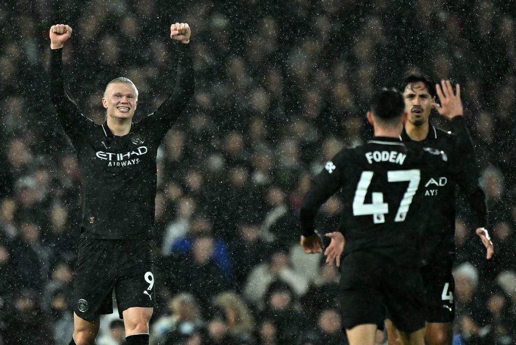 Manchester City’s Norwegian striker Erling Haaland celebrates scoring the opening goal, and his 100th English Premier League goal, during their match against Fulham at Craven Cottage in London on Dec. 2, 2025. (AFP)