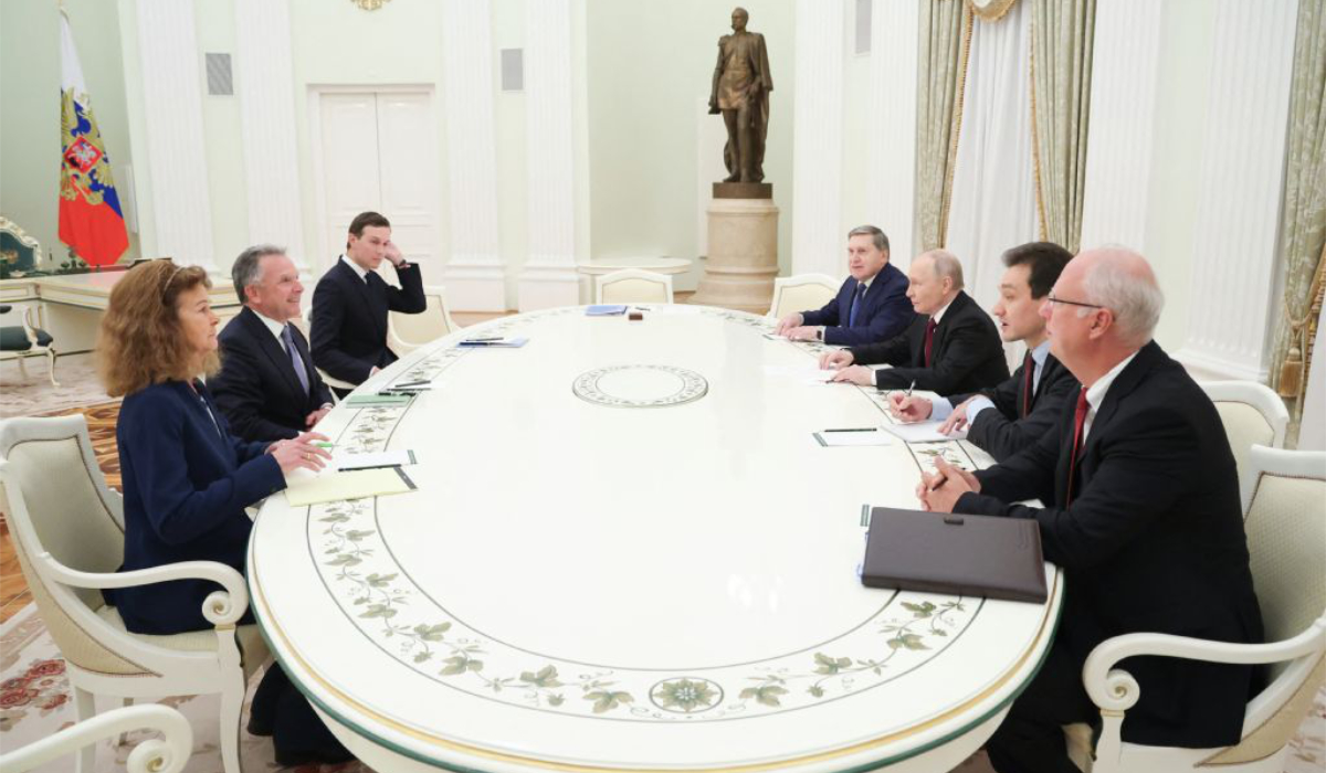 Russia's President Vladimir Putin, accompanied by Kremlin economic envoy Kirill Dmitriev and Kremlin aide Yuri Ushakov, meets with US special envoy Steve Witkoff and US President Donald Trump's son-in-law Jared Kushner at the Kremlin in Moscow on December 2, 2025. (AFP)