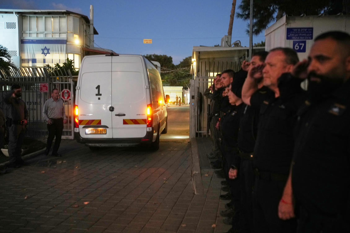 A vehicle carrying the remains of a person whom Hamas claims is a deceased hostage arrives at the Abu Kabir Forensic Institute in Tel Aviv, Israel on Dec. 2, 2025. (AP)
