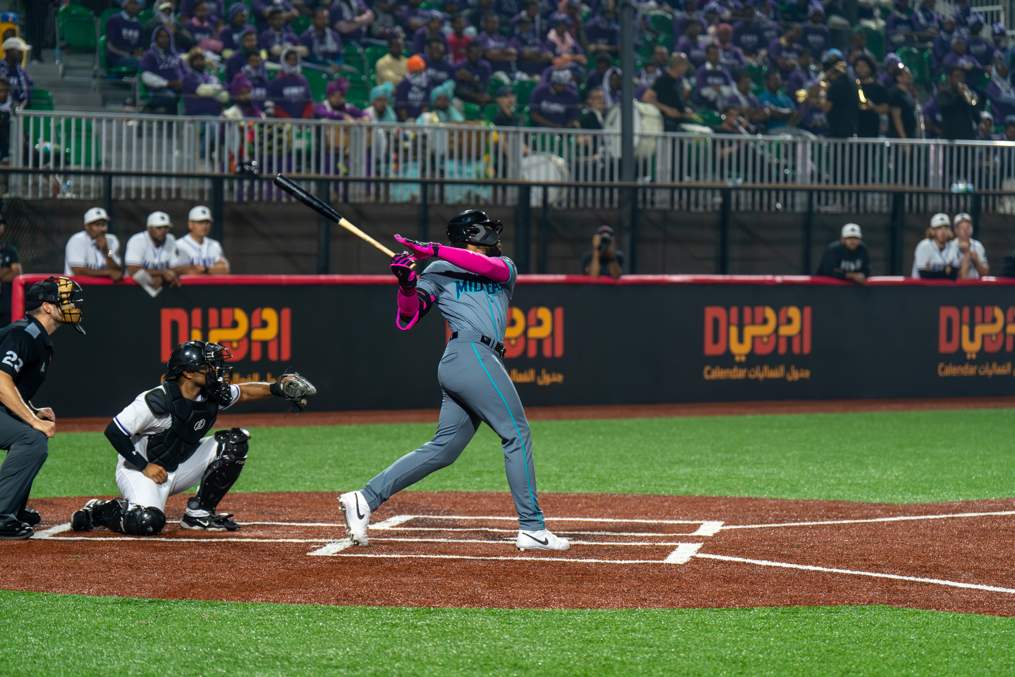 Gregory Canó of the Mid East Falcons in action against the Mumbai Cobras at Baseball United Ballpark. (Supplied)