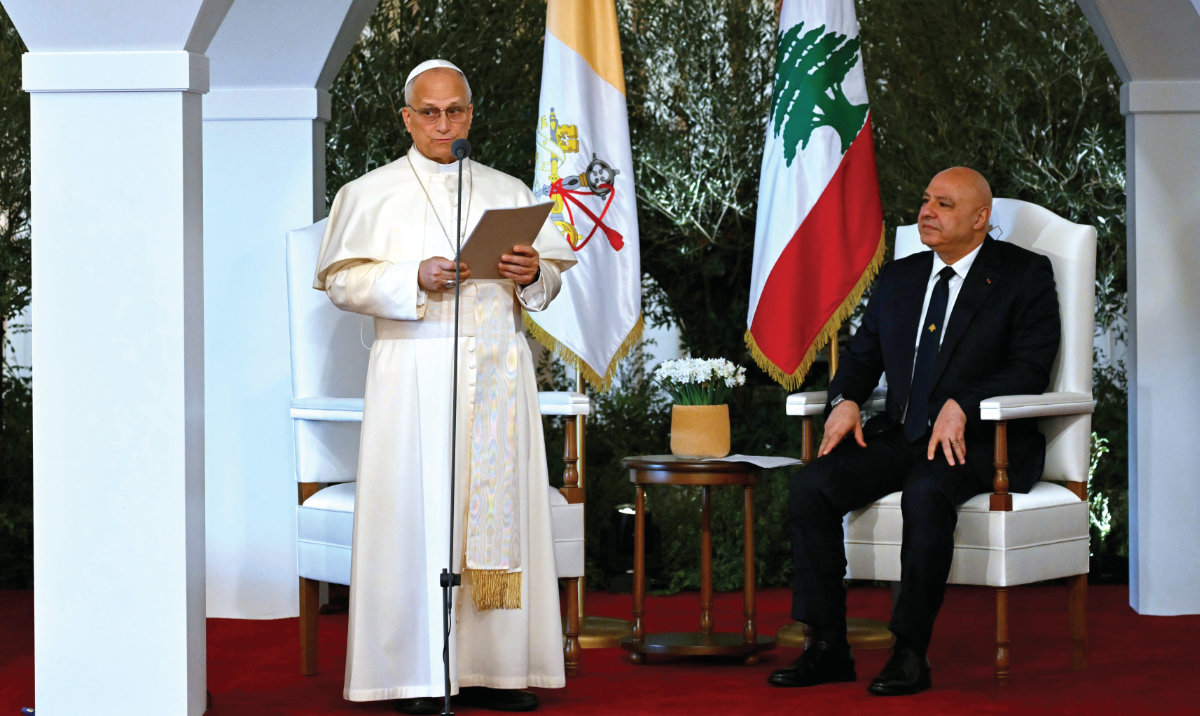 Pope Leo XIV delivers his speech next to Lebanese President Joseph Aoun during a farewell ceremony in Beirut on Tuesday. (AP)