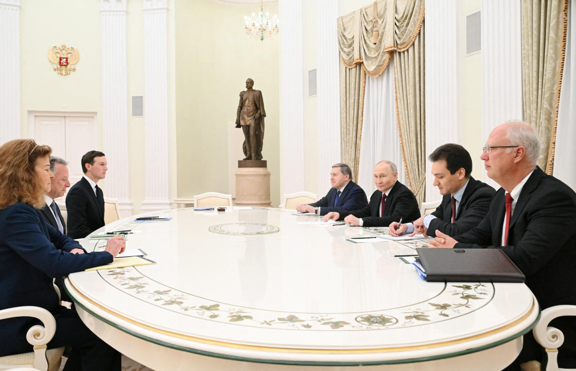 Russian President Vladimir Putin, presidential envoy Kirill Dmitriev and foreign policy aide Yuri Ushakov attend a meeting with US President Donald Trump’s special envoy Steve Witkoff and son-in-law Jared Kushner at the Kremlin, Dec. 2, 2025. (REUTERS)
