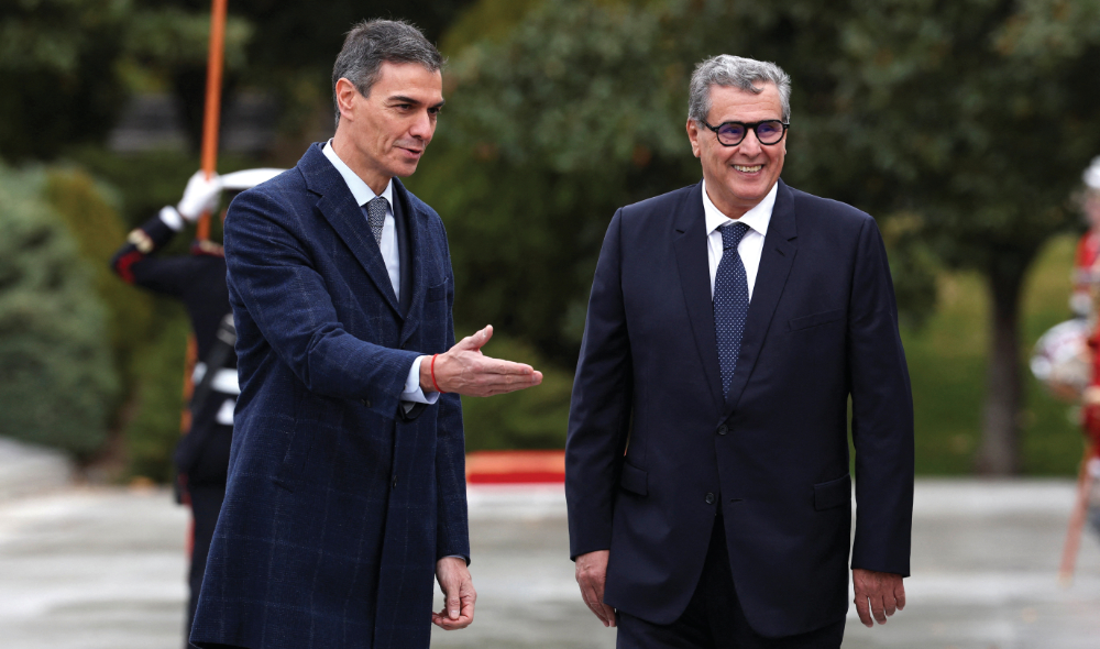 Spain’s Prime Minister Pedro Sanchez with Moroccan Prime Minister Aziz Akhannouch at Moncloa Palace in Madrid on Thursday. (Reuters)