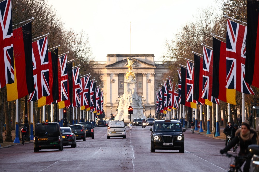 German and British flags line The Mall in London. (Reuters)