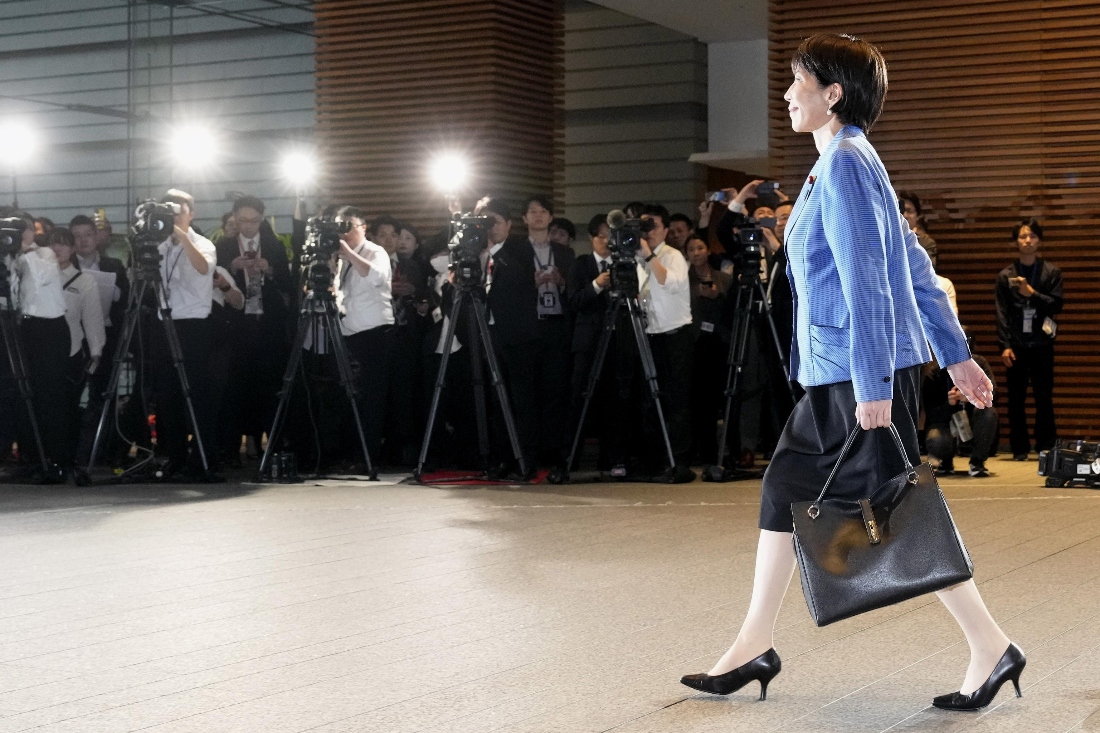 Japanese Prime Minister Sanae Takaichi arrives at the prime minister's office in Tokyo, Japan. (AP)